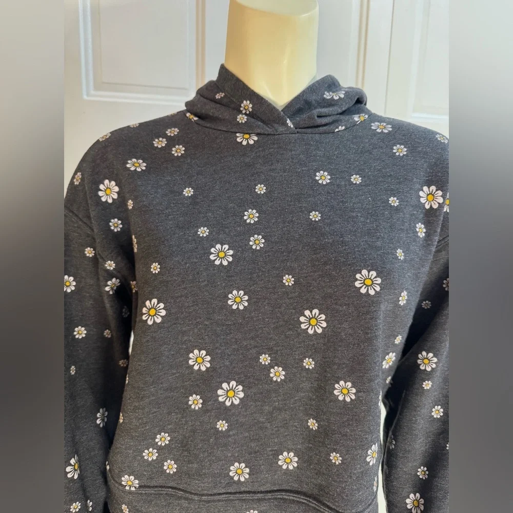 Old Navy Cropped Hoodie - Girls Large 10-12 - Daisy Print Fleece Sweatshirt EUC